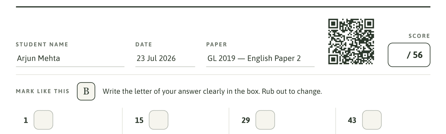A printed PlusProgress answer sheet with the student's name, the paper name and its QR code filled in